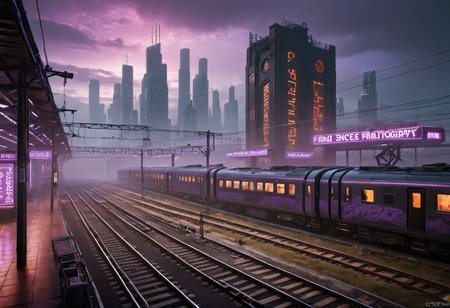 realistic, RAW photo, high quality, Stable_Yogis_PDXL_Positives, photo from a height,outlook photo of a huge <lora:FUTURE_SKYLINE_BY_STX:0.6>, <lora:golden_hour_slider_v1.1:0.4>,<lora:cinematography digital film style xl v1:0.3> cinematography style, <lora:Cyberpunk_3D:0.5> Cyb3punk vast city with <lora:Tsunami_Background_SDXL:0.5>,<lora:1229 train station_v1_pony:0.8> ruanyi1229,train station,foggy valleys,neon lights, in , featuring <lora:Black_Purple:0.6> Everything in black, everything in purple, black color aesthetic, purple color aesthetic, black theme, purple theme,grey and orange