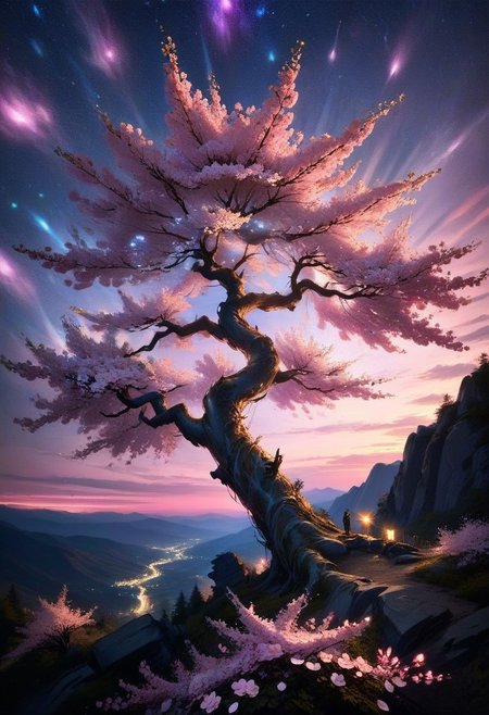 score_9, score_8_up, score_8, full color painting of lone sakura tree, over mountain edge, on the top of mountain, pink blossom, petals on the wind, far view, night time, stars in the sky,  landscape, dramatic lights,  sparkles around, insane details, intricate details, hyperdetailed, soft cinematic light, dim colors, exposure blend, hdr, faded
