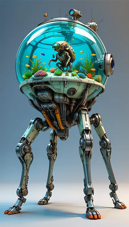(cel-shading:2)+, (in ARTIST style:1.6), (masterpiece:1.7),
clear image, accurate picture, clear picture, precise image, focused image, Science fiction style, Science fiction,
(aquarium with alien) on mechanical legs, science fiction, aquarium on mechanical legs focus, simple background, mecha
comic style, (ultra sharp focus:2), (thin lines:2),
(best quality:1.8),
<lora:Apparatus_-_Traction_City_Walkers_Vehicles:0.8>,