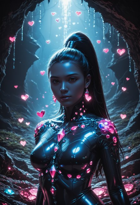 score_9,score_8_up,score_7_up, sorce_real, 8k, hd, (1 girl, brown eyes, high ponytail, bioluminescent latex suit, seij, <lora:Seij-000001:1>), cute and mischievous, black suit, purple details, neon colored glowing particles in the black skin, black skin with neon pink bioluminescence, cinematic light, looking at viewer, dark, night, mysterious atmosphere, floating hearts, beautiful  creatures, flies through a dark stalactite cave at night, bioluminescent icicles on the walls, everything is shrouded in darkness.  <lora:SDXLFaeTastic2400:0.4>, cave by Jed-Cosmos  <lora:Jed-Cosmos-sdxl:0.4>  <lora:ral-swarcrystl-sdxl:0.5> multicolored gemstones made of ral-swarcrystl