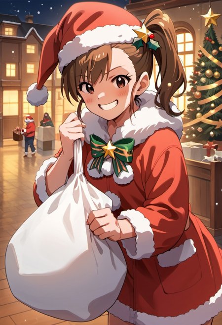 score_9, score_8_up, score_7_up, source_anime, futami mami, brown hair, side ponytail, brown eyes, hat, santa hat, smile, 1girl, santa costume, christmas, grin, sack, chimney, fur trim, bow, blush