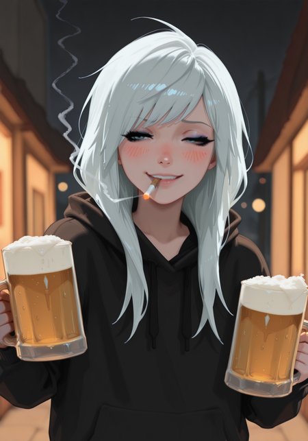 embedding:IllusP0s, g00se, angled bangs, long hair, eyeliner, eyelashes, baggie hoodie, holding beer mug, dual wielding, akimbo beers, cigarette in mouth, ((smoke trail)) smirk, squinting, blush, light hair, sceenqu33n, 1girl, solo, night, embedding:IllustriousQual, embedding:Smooth Quality,<lora:scenequ33n_ill.safetensors:1.0:1.0> <lora:g00se_v2_ill.safetensors:0.9:0.9>