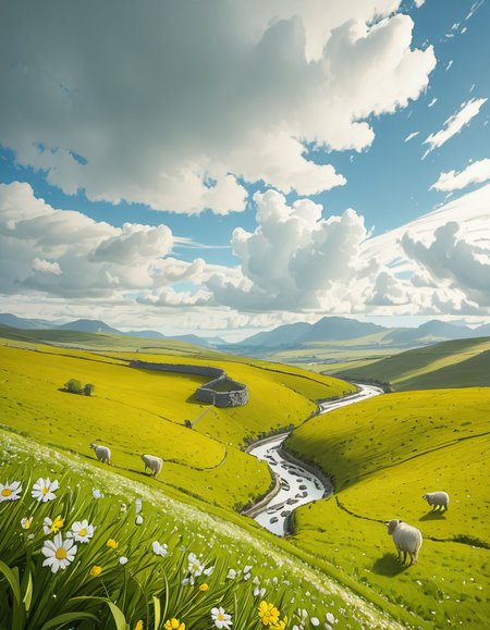 A breathtaking, high-resolution photograph of the rolling plains of Ireland, stretching endlessly under a vast, cloud-streaked sky. The landscape is a lush, vibrant green, with gentle hills covered in soft grass and dotted with scattered wildflowers. Ancient stone walls and winding dirt paths cut through the fields, marking old farmland boundaries. In the distance, a few solitary sheep graze peacefully, their white wool contrasting against the emerald grass. A small, clear river meanders through the valley, reflecting the soft light of the sky. The horizon is framed by low, misty mountains, adding depth and mystery to the scene. Above, the sky is a mix of bright blue and fluffy white clouds, casting dynamic shadows across the landscape as beams of sunlight break through. The atmosphere is serene, timeless, and rich with the natural beauty of the Irish countryside.
<lora:SDXLFaeTastic2400:0.4> <lora:extremely_detailed:0.4> extremely detailed,rolling plains of 1r3l4nd, <lora:rolling_plains_of_1r3l4nd-i:1>, Masterpiece,best quality,hi res,8k,hi res,8k,award winning,(sharp focus, intricate, highly detailed),