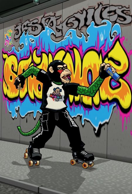 jsrstyle, a punk, anthro monkey man with furry body, body covered in green scales, wearing tshirt and  leather pants, on rollerblades, graffitiing the logo for "Jet Set Radio Style" on a wall with spray paint