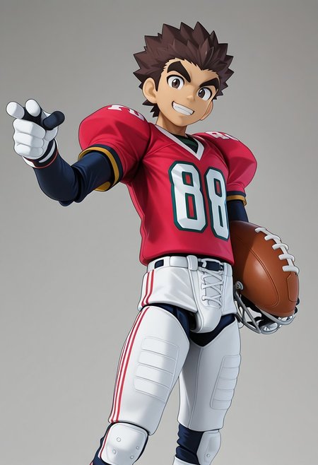 figma, figure anime style, PVC, Yaoi figure PVC, PVC boy, PVC texture, male, High Quality, perfect anatomy, HD, anime style, break
TAROU RAIMON, 1boy, solo, alone, brown hair,  thick eyebrows, dark brown eyes, athletic build, smiling, posing, looking at viewer, football uniform, tight uniform, red and white uniform,