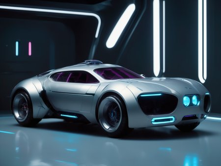 bbuk_style <lora:PureDarkness_RetroSciFi-000060:0.9> a futuristic roadster car parked in a large empty hall with white neon lights, darkness, masterpiece, realistic