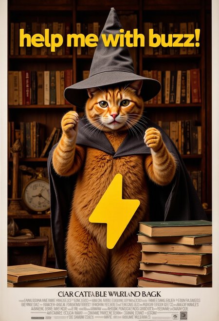 a realistic picture, , ((cute muscular orange cat wearing  wizard outfit, in front of pile of magic books,   shows the viewer a sparkling icon of a bright, yellow SuchBuzzLogo  lightning in his hands with a surprised expression on his face. The lightning bold are glowing in his hands, his skinny figure illuminated by the bright lights. Against the backdrop of the castle library ,(intricate details,naturalism,hyperdetailed,hyperrealistic:1.55) mvpstrCE style ((((Display the text "help me with buzz!" on a movie poster)))). no human