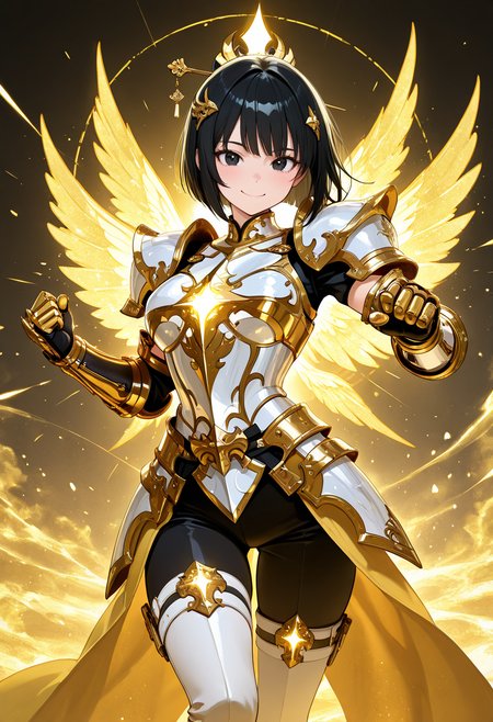 masterpiece,best quality,amazing quality, very aesthetic, ((outlined outlined vector graphics)), cute face, (glow eyes:0.5) ,  from front,  looking at viewer ,detailed background,
1girl,
20yo, black hair, black eyes, short bob hair, hair pin,mdeium  breast, slender,(white thigh strap:1.1),
,solo,cute face,
smile, happy   ,  white armor, golden-mythril-armor ,  , glowing, glittering , fantasy, glimmering , pants , action pose, clothed <lora:golden-mythril-armor-il-01:0.8>
