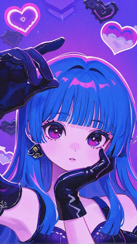 1girl, solo, long_hair, looking_at_viewer, bangs, gloves, blue_hair, purple_eyes, heart, black_gloves, blunt_bangs, portrait