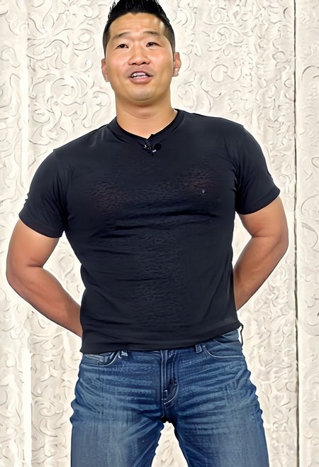 (((htkangface))), daddy,  natural face expression, (((detailed HtKangface))), fixed htKangface Photorealistic, realistic, masterpiece, intricate details, detailed background, depth of field, photo of a handsome, dynamic pose, natural face expression, (((looking at viewer))), high detail, high quality, male focus, ((covered nipples)), ((Gay NSFW SDXL)), ((black shirt)), ((jeans)), pectoral
