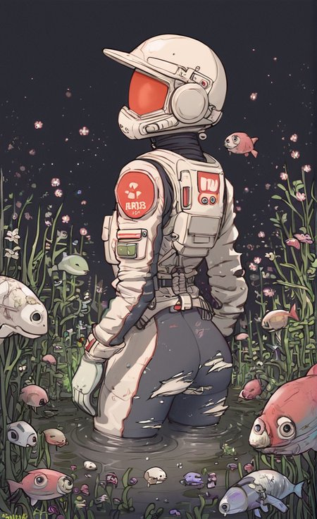 score_9, score_8_up, score_7_up, score_6_up, score_5_up, score_4_up  <lora:Lightdraw:.7>
extremely detailed painting, hyperdetailed, ultra realistic, extremely detailed, hkstyle, vntblk, astronaut, covered in flowers, broken visor, red skull inside helmet, underwater, deep water, dark, black background, surrounded by fishes, glowing particles, back light, character shading, godrays, torn suit, damaged