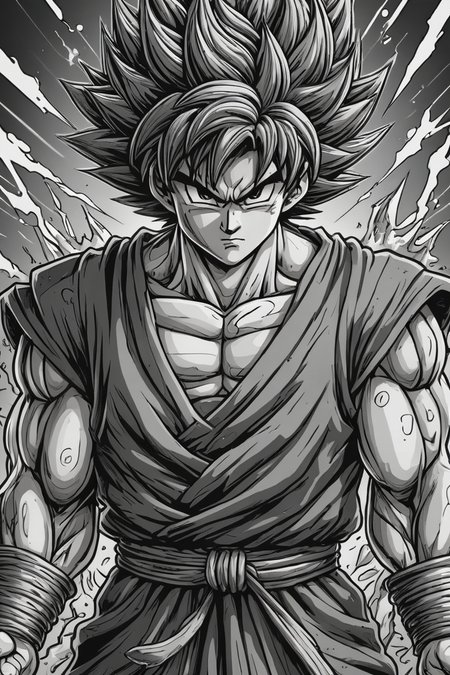 manga style son Goku,Berserk style,intricate details,greyscale . vibrant, high-energy, detailed, iconic, Japanese comic style