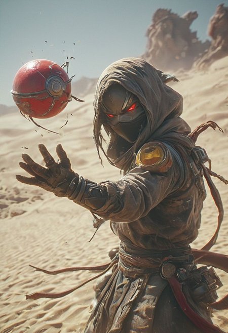 Capture the essence of a weathered, worn-out cyborg ninja amidst a swirling dust and electricity storm. Bent forward, obscured beneath a large, round sedge hat, their face barely visible. With arms outstretched, each hand holds a hovering, semi-molten red-gray orb. Against the backdrop of the sun, they stand in a desolate, bleached white sand desert.. spelling to ring like Pokemon Ball in each hand, casting two Pokemon Balls
 very detailed, atmospheric haze, Film grain, cinematic film still, shallow depth of field, highly detailed, high budget, cinemascope, moody, epic, OverallDetail, gorgeous, 2000s vintage RAW photo, photorealistic, candid camera, color graded cinematic, eye catchlights, atmospheric lighting, skin pores, imperfections, natural, shallow dof
