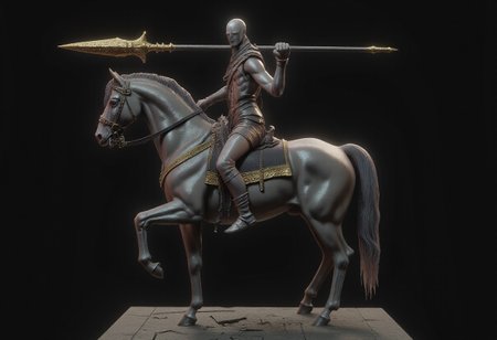 Obscure Centaur half human holding a bronze spear with engravings on it, the lower horse body is covered wit hleather and cloth armor 
Set against a solid dark black color background to emphasize its unnatural form that emphasizes its silhouette. 
The medium is not a traditional painting or illustrative medium like watercolor or ink but rather a digital 3D rendering. MikeFranchinastyle, bbstyle,, horror theme, ZBClay model of a gray sculpture, zbrush, d4arks0uls, overcast lighting, jedioutfit