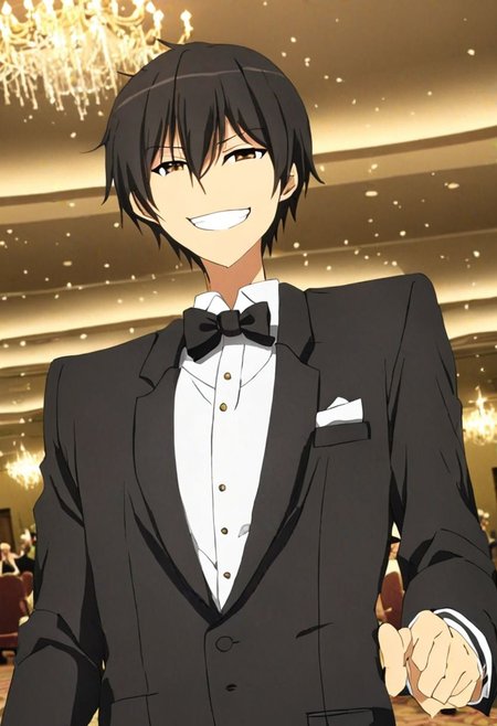 high resolution, solo, best quality, 1Boy, Kanie Seiya, Black Hair, luxury hotel, Ballroom, tuxedo, smile, confident, OverallDetail