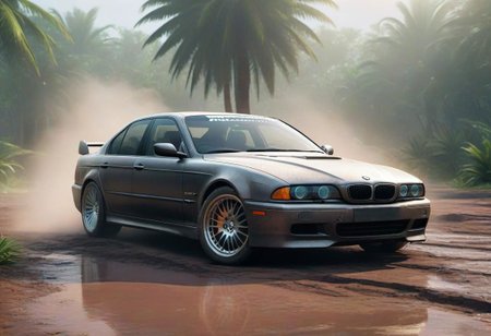 BMW e39 3, scratches, rainbow dust, fog, dirt, very beautiful, car on the island, by the fire, against the backdrop of a palm tree, the car is covered in mud and creaks, water on the ground, 3d rendering, cyberpunk, car with an American sports cars, street racing, perfect image, vibrations, game asset , symmetrical, tuner, modified car, wide body, tram, street racing, 4k, modding culture, photorealistic, high detail, game ready, other car racing, city life