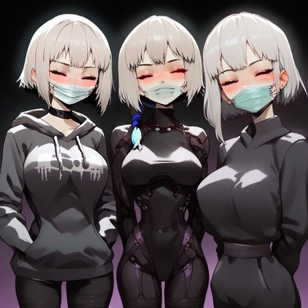 charturnerv2, score_9, score_8_up, score_7_up, source_anime BREAK 1girl, multiple views, before and after, leotard, looking at viewer, acidic splash dark background, uzaki tsuki, grey hair, noodle short hair, closed eyes, standing, large breasts, perky breasts, great cleavage, smile, blush, pasties, choker, hands in pockets, hoodie, 2koma, thighhighs, elbow gloves, reverse outfit, arms behind back, motherly side plait, ((surgical mask)), amazing design character, blazing hoodie, 3DMM, g0th1c, glowing, neon lights, glowing eyes, BSDBN, sinozick style