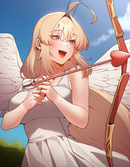 masterpiece, best quality, newest, absurdres, highres, safe,, <lora:bang-hyuna-manhwa-illustriousxl-lora-nochekaiser:1>, bang hyuna, long hair, bangs, blonde hair, large breasts, orange eyes, hair intakes, ahoge,, <lora:cupid-ponyxl-lora-nochekaiser:1>, cupid, dress, bare shoulders, weapon, heart, wings, bow (weapon), arrow (projectile), angel, smile, open mouth, heart arrow,, , cowboy shot, solo