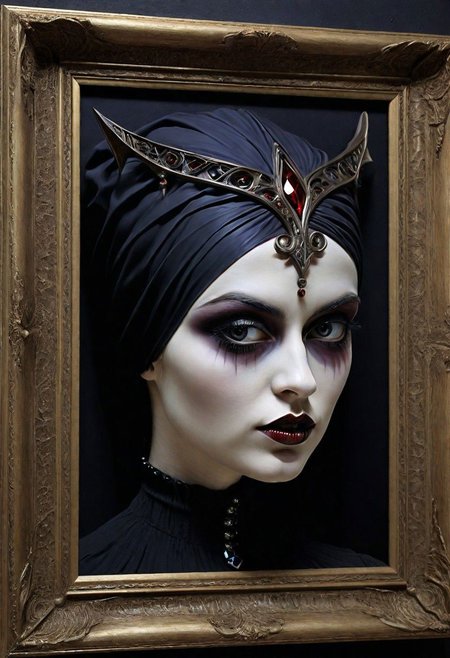 A Woman gothic Art Stylistically diverse painting, create a new and unique visual experience, complex expressions! In the outta realms of your mind, In a world where full 3D is all that matters, Taking art to another level, With colors we never knew exsisted, with mind blowing depth and foreground clarity, abstract details, distinctive visuals, Intricate and Exquisite Definition, (3D Framed, Woman), Painstaking Attention To Details