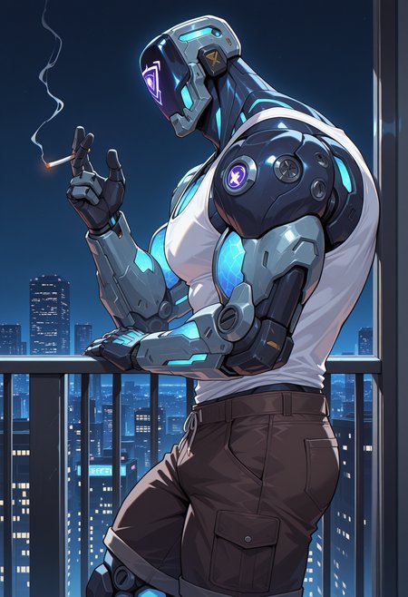 solo, side view, night, balcony, leaning, cityscape, male focus, k4y0, robot, (white tank top:1.2), shorts, holding cigarette, glowing, muscular, broad shoulders, perfect anatomy, masterpiece, perfect quality, best quality, detailed, newest, very aesthetic
<lora:Illustrious\Characters\KAYO_Valorant_V1_ILXL:0.8>