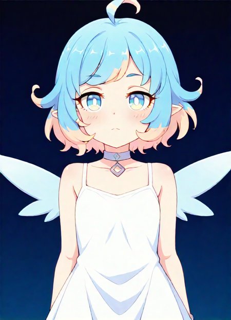 masterpiece, best quality, very aesthetic, absurdres, detailed, break, amy_(princess_connect), 1girl,short hair,blue hair,ahoge,multicolored hair,bangs,blue eyes,pointy ears,choker,wings,white dress