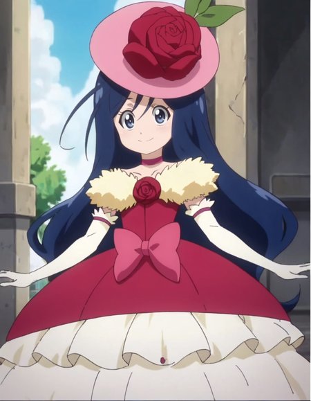 score_9, score_8_up, score_7_up, anime screencap, solo,1girl, oriharatsumugi, gloves, smile, hat, pink headwear, flower, dress, rose,  elbow gloves, choker,  bow, red flower,  red rose, pink bow,  pantyhose, white gloves, happy, looking at viewer,cowboy shot<lora:oriharatsumugi:0.8>