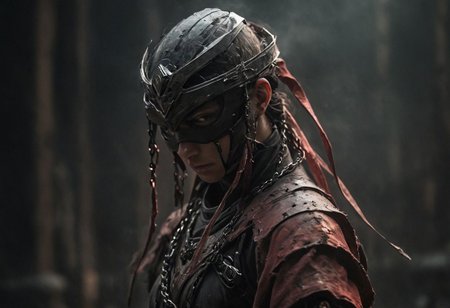Super Closeup Portrait, Craft a compelling story inspired by the dystopian scene depicted in the photo, showcasing a blindfolded shinobi skillfully wielding swords to intercept brilliantly colored blades cascading from above. Explore the stark contrast between the ominous, dystopian backdrop and the vibrant, transparent blades in descent. Dive into the emotions, obstacles, and enigmatic ambiance conveyed by this distinctive scenario. very detailed, light red backlight, raw photo, a red sunset landscape, photorealistic, high detailed texture, 8k uhd, dslr, soft lighting, high quality, film grain, Fujifilm XT3, highly detailed photography, atmospheric haze, Film grain, cinematic film still, shallow depth of field, highly detailed, high budget, cinemascope, moody, epic, OverallDetail, gorgeous, 2000s vintage RAW photo, photorealistic, candid camera, color graded cinematic, eye catchlights, atmospheric lighting, skin pores, imperfections, natural, shallow dof