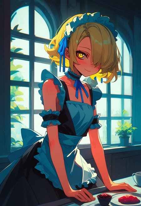 score_9, score_8_up, score_7_up, score_6_up, NLSTN, blonde hair, maid, hair over one eye, maid headdress, solo, detached sleeves, yellow eyes, 1girl, short hair, smile, looking at viewer, choker, dress, ribbon, indoors, frills, window, blush, enmaided, apron, blue ribbon, glowing, dark