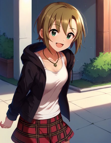 score_9,score_8_up,score_7_up,1girl,solo,cowboy shot,looking at viewer,smile,open mouth,arms at sides,outdoors,
<lora:tadariina_ponyXLV6:0.8>,cgtdr,
brown hair,short hair,green eyes,
necklace,white tank top,black hoodie,red skirt,plaid skirt