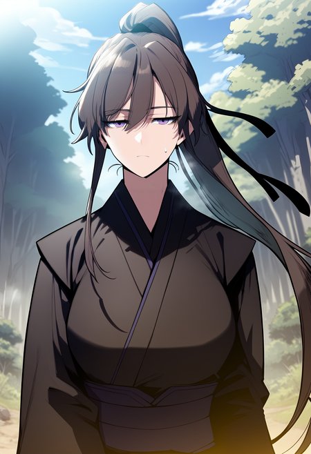 score_9, score_8_up, score_7_up, score_6_up, source_anime, rating_explicit, <lora:neg4all_bdsqlsz_V3.5:2.0>1girl, (solo:1.2), huge breasts, <lora:Wolyoungponyxl:1> ponytail, long hair, hair between eyes, purple eyes, high ponytail, sidelocks, black hair, brown hair, japanese clothes, long sleeves, hair ribbon, black kimono, expressionless, Narrow shoulders, heavy breathing, steaming body, forest, outdoors, looking at viewer