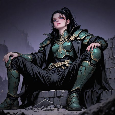 m4gicall1nes, hassaku_illu,sinozick_illu,in the style of cksc,, masterpiece,  depth of field, best quality, amazing quality, very aesthetic,very awa,
1girl, solo, sexy, cute, nordic facial features, 20 years old, 
heavy armor, metal armor, engraved armor, black hair, long hair, high ponytail, wind effect in hair, dark green armor, pale red armor, archaic armor design, massive armor, look at viewer, bright blue eyes, glowign eyes, athletic, thicc,
black uniform over shoulders, military coat design, strict coat,
sits on the broken fundament,leans back against brick wall, spread legs, manly pose, leans on knees, broken sword in the ground, 
hi-tech with fantasy, futurism in magic world, cyberpunk style with warhammer influence, 
dutch angle, epic angle shot, wallpaper, from below, from side,
simple background, dark background, ruined cityscape, fantasy background,
(detailed outfit:1.4), (seamless:1.3), 
dark fantasy, dark dramatic palette, dim lit, contrast lit, shade, dappled moonlight, 
<lora:ck-shadow-circuit-IL:0.6> <lora:illustriousXLv01_stabilizer_v1.121:0.3> <lora:iLLMythM4gicalL1nes:0.35> <lora:HassaKu_style:0.4> <lora:Sinozick_style:0.15>
