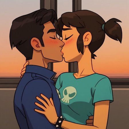 Expressive, score_9, score_8_up, score_7_up, score_6_up, score_5_up, score_4_up, 1 boy, 1 girl, heterosexual, closed eyes, fake screenshot, blush, dark skin, subtitled, (dark-skinned male_high_top_fade_hairstyle_short hair,jacket,jeans),break, ass grab, sunset, couple, groping breast,side profile, train interior, ground vehicle, medium wide shot, full shot, bokeh, collarbone, <lora:BeckerPony2.0:0.9>Becker Denoga, 1girl, solo, brown hair, short twintails, brown eyes, spiked bracelet, teal shirt, skull logo on shirt, ripped jeans, purple sneakersl, fit, apple bottom  figure, sneakers, (simple background:1.2), <lora:clothespull:0.7>, source cartoon,kissing each other on the lips