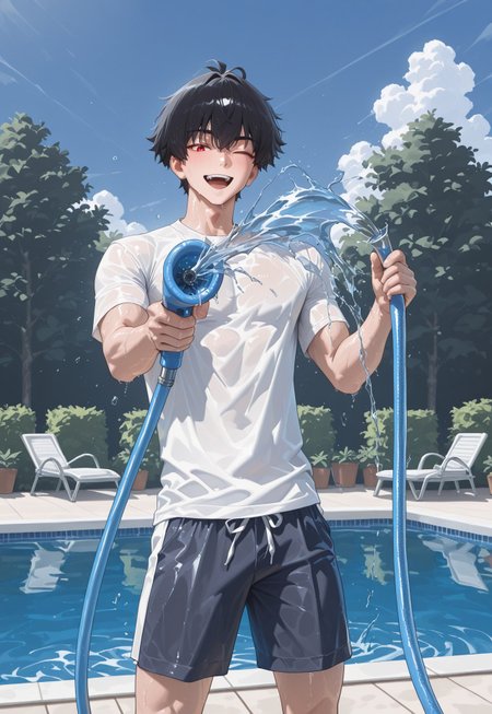 masterpiece, best quality, newest, absurdres, highres, sfw, rating:safe, tagatamedios,, 1boy,  handsome man, middle hair, red eyes, short hair, 4k, hd, HDR, amazing quality, best quality, high resolution, goldenfieldszho, newest, very aesthetic, summer, water hose, holding water hose, aiming at viewer, shooting water, open smile, one eye closed, casual clothes, white shirt, shorts, day, pool, garden