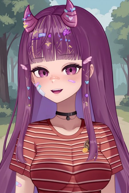 score_9, score_8_up, score_7_up, score_6_up, BREAK, KottyVTXL, bandaid on face, purple eyes, purple hair, long hair, blunt bangs, hair ornament, purple horns, black choker, medium breasts, striped shirt, red shirt, short sleeves, solo, front view, (portrait, upper body), solo focus, seductive smile, looking at viewer, forest <lora:KottyVTXL:0.9>