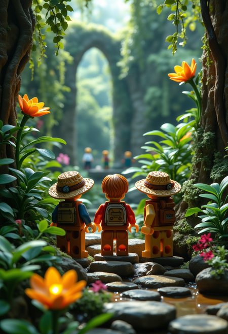 LEGO explorers discover a hidden civilization of sentient plants deep within a jungle where vines sing and flowers dance.
aidmamj6.1, aidmafluxpro1.1
