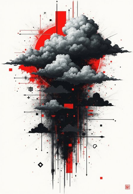 Monster clouds transitioning into a collage of various abstract shapes and lines, with red accents, on white paper, composition includes black ink and bold strokes, creating an urban feel, geometric elements in the background, adding to its modern aesthetic, digital illustration technique, contemporary look and feel