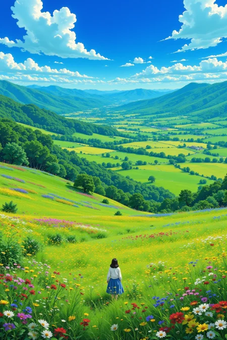 field beautiful  landscape, day, woman, very intricate, very detailed, sharp, bright, colorful, <lora:Hand v2:0.5> <lora:Anti-Blur:1><lora:Insane Detail Slider:0.25>  <lora:flux.1_lora_flyway_Epic-detail_v2:0.3> <lora:fluxenhancer:0.25> <lora:Anime_style:0.7> anime style