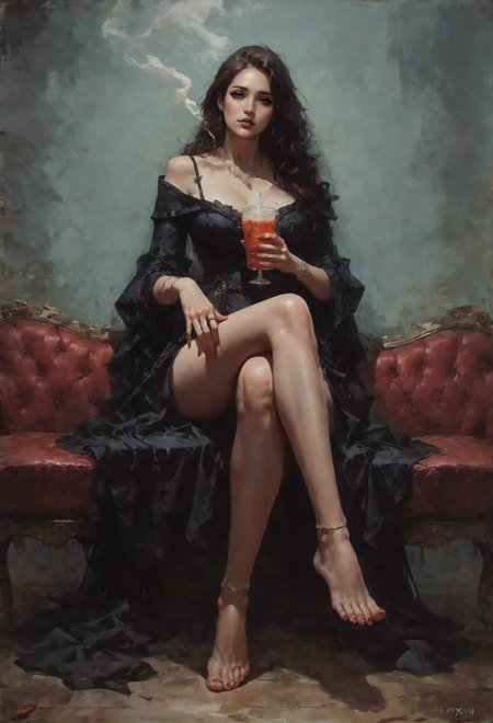score_9, score_8_up, score_7_up,  1girl, curvy, 25yo, sexy, full body, shapely body, long brown Hair, voluminous bun, dark black dress, seductive pose, legs crossed, barefoot, sensual lips, flirty look on face, black couch, holding a drink, natural breasts, perfect anatomy, legs, surrounded by smoke, flirting, leaning on couch  <lora:sdxl/pony_twilight_style:0.8> <lora:sdxl/pony_freckledvixon_gothic_oil_style:0.7> d4rk01l