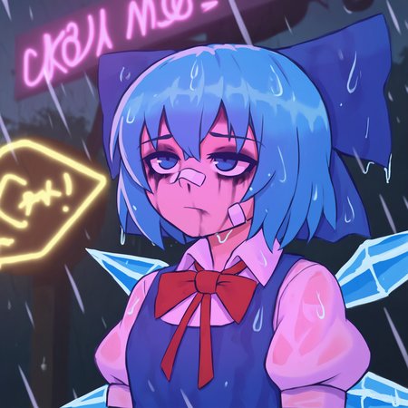 cirno, 1girl, solo, short hair, blue eyes, shirt, dress, bow, ribbon, closed mouth, blue hair, white shirt, upper body, short sleeves, hair bow, wings, collared shirt, puffy sleeves, bowtie, red bow, puffy short sleeves, wet, blue dress, blue bow, red bowtie, bandaid, rain, ice, bandaid on face, ice wings, disappointed, bandaid on nose, ruined makeup, night, neon lights,
, masterpiece, best quality, good quality,
<lora:duhota_noob_vpred-1.0_edm2_v1:1> <lora:YouLookLonelyIllustriousXL_byKonan:0.5>
