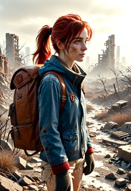 1girl, Masterpiece, 8k, ultra high detail, score_7 up, 
volumetric lighting, vivid colors, vibrant colors,  score_8_up, score_9,  small breast size, sporty red ponytail hair,  fcNeg, stunning green eyes, freckles, white skin, small nose, innocent beauty, slim face,  cute face, skinny body, perfect body, extreme detailed body, intence green eyes,  perfect face, ultra high detailed face, perfect eyes, petite, 
Cold, red dust everywhere, Wandering through ruins, 
Wasteland Tribal_Leather_Parka, fur lined, mittens, hood over head,  wasteland clothes, torn and used clothe, 
Dirty, dirty face, dirty skin, backpack filled with stuff,
  simple_big_brown_leather_backpack_full_with_stuff, 
Post Apocalyptic, big city Wasteland, skyscraper ruins,