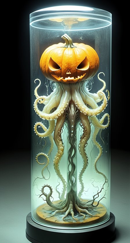 Dutch Renaissance, Early Netherlandish, surrealism, symbolism, fantastical creatures, bizarre juxtapositions, religious iconography, pen and ink, 15th century art, (celestial and infernal visions:1.2),(score: score_8), floating octopus inside laboratory, (science) glass cylinder, (liquid: luminescent, glowing, twirling, inside glass twirls, (color scheme: colorful rainbow, multicolor, ), (background: dark night, (laboratory:1.23), (test tubes:1.14), computer, freezer, hazard suit, (toxicology:1.12),(halloween themed:1.06), (halloween party:1.06),  mesmerizing horrors creature, (halloween pumpkin), eerie, scary, , detailed eerie background, spooky, misty, trending,  dappled shadows, detailed, highres, 8k, <lora:sdxl\add-detail-xl.safetensors:1.04:0.3> <lora:sdxl\incase_style_v3-1_ponyxl_ilff.safetensors:0.88:0.3> <lora:sdxl\Hyper_Realism_Pony_XL.safetensors:0.96:0.25>