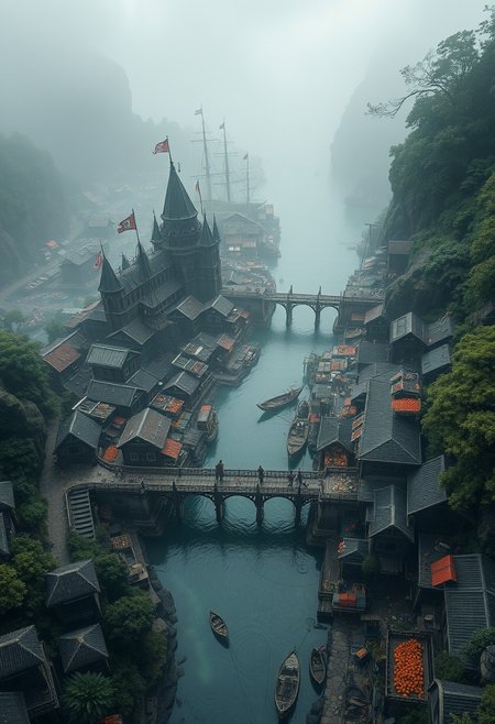 view from above, (accurate architecture, 3 point perspective) (masterpiece hyperrealisitic, medium format camera shot, fantasy concept art 8k, high quality, detailing, textures)  Imagine a spooky foggy, perfect fantasy metropolis,  by the river and a part of a large fantasy hyperrealisitic bustling marketplace full of fruits and people, port town city nestled between a verdant ancient spooky evil forest, encircled by cliffs and city bridges across the river used for logging, taking it to the perfect pirate ships and the crashing waves of the vast, unexplored ocean.