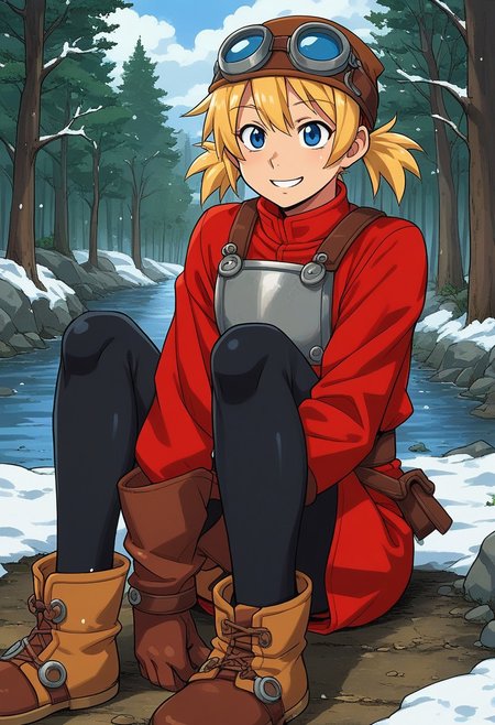 score_9, score_7_up, source_anime, BREAK solo, <lora:Pratty_XL:1> Pratty, blue eyes, short hair, light blonde, short twintails, hair through headwear, goggles, brown headwear, red shirt, short over long sleeves, black long sleeves, red skirt, black pantyhose, leather breastplate, brown footwear, smile, cold forest, taiga, snow,, river, mill