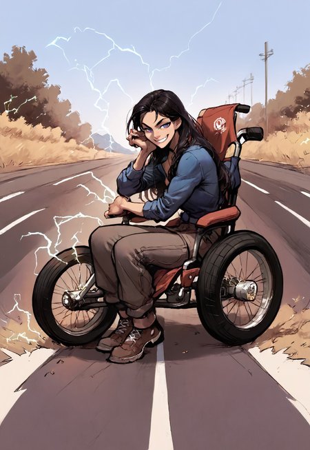 safe_pos, zPDXL3 , score_9 , score_8 , score_7 , score_6_up , highly detailed , high quality , high res , skindentation , 

female , cute , attractive , petite , ((akira slide)) ,wheelchair , sitting , smirk , electricity ,

(highway road , background) ,