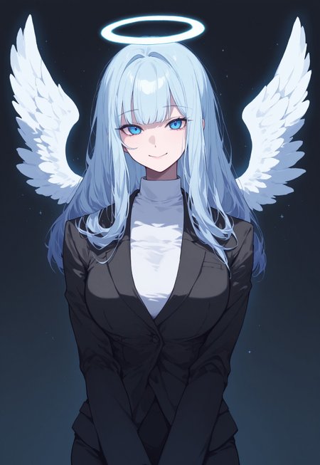 absurdres, newest, (Perfect details),(****), medium shot,  cute, gradient colors, dark background, flat colors, 1girl mature woman, angel, big angel wings, bangs, blue eyes, detached wings, fairy wings, feathered wings, neon halo,  long hair, looking at viewer, mini wings, smile, solo, white neon big wings, wings ,solo, uper body, looking at the viewer, dark background, black men's suit,, BREAK, darkened background, darkened surroundings, comiks, fgg, 