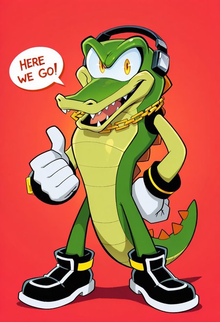 1boy, solo, VectorTheCrocodile, 1boy, green scaly body, yellow eyes, sharp teeth, black headset, gold chain around neck, black wrist cuffs, sleek black shoes, red triangular spikes along body and tail, white gloves, big eyes, expressive eyes, toony eyes, smile, open mouth, solo, full body, standing, speech bubble with text "Here we go!", high quality, detailed, digital art, simple background, masterpiece, silly, wacky, ((amazing shading)), western animation style