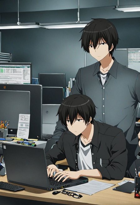 high resolution, solo, best quality, 1Boy, Kanie Seiya, Black Hair, worker, working, workstation, concentration, focus, laptop, OverallDetail
