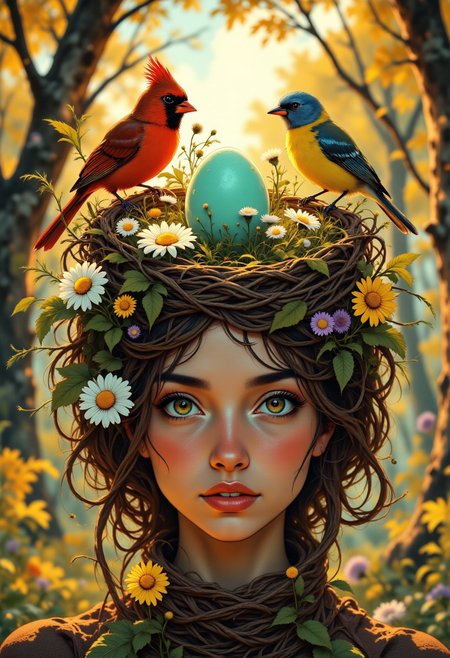 Close-up portrait viewed from above, focusing on a woman's head where her rich chestnut-brown hair has been intricately woven and sculpted to transform into a natural cradle atop her crown. The hair strands themselves twist, spiral, and intertwine to create a hollow, bowl-shaped structure resembling a natural avian home. Individual hairs weave in circular patterns, mimicking the precise technique of twigs and grass in woodland constructions, with some strands fraying at the ends to enhance the organic texture. This hair-woven sanctuary dominates the upper half of the composition, with her face visible only in the lower portion. The woman has fair skin and subtle freckles, her expression serene yet mysterious. 
Within the center of this living hair sculpture rests a luminous turquoise egg with delicate speckles. Two colorful birds perch on opposite sides of the hair creation: a vibrant cardinal with brilliant crimson plumage and black facial markings on the left, and a striking blue-headed bunting with azure head and golden breast on the right. Both birds appear to be interacting with the woman's woven hair strands. Small wildflowers—white daisies, yellow dandelions, and purple asters—sprout naturally between the woven hair sections, with green leaves intertwined throughout. The background features soft-focus forest scenery with golden sunlight filtering through autumn leaves, creating a warm, magical atmosphere j_art