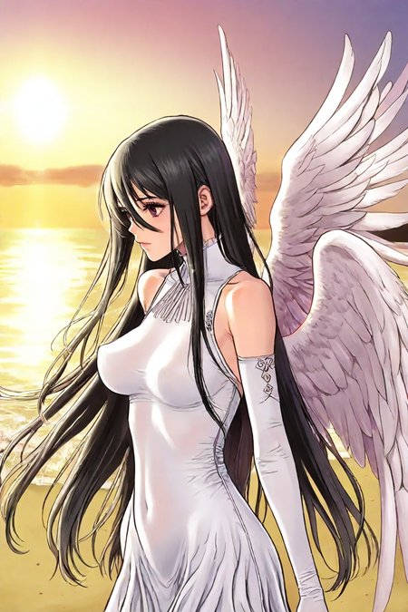 score_9, score_8_up, score_7_up, score_6_up, score_5_up, score_4_up,  <lora:Misa_Suzuhara_Pony:0.4> , misa suzuhara, long hair, black hair, very long hair, hair between eyes, perky breast, gloves, dress, detached sleeves, white dress, covered navel,  wings, angel wings, angel, multiple wings, symmetrical angel wings,<lora:boichi_style_illustriousXL-000029:0.8>, boichi_style, 1girl, solo, alone, upper body, beach, sand, sea,