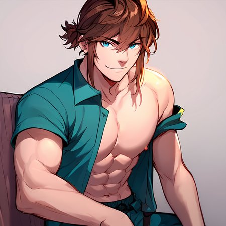 score_9, score_8_up, score_7_up,score_6_up, 1boy,solo, looking at viewer , medium shot,<lora:Arthur-30:0.8> Arthur, blue eyes, brown hair <lora:detailed_notrigger:0.8>shirtless, abs, nipples, smirk